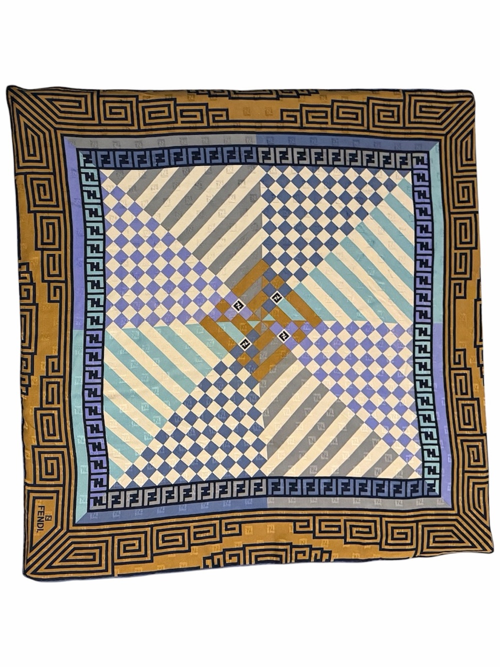 FENDI Vintage Zucca FF Logo Geometric Silk Square Scarf AUTHENTIC